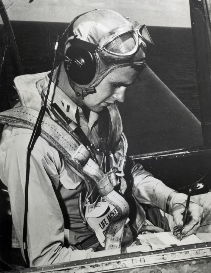 Former president George Herbert Walker Bush during his time as a Navy pilot during the Second World War.