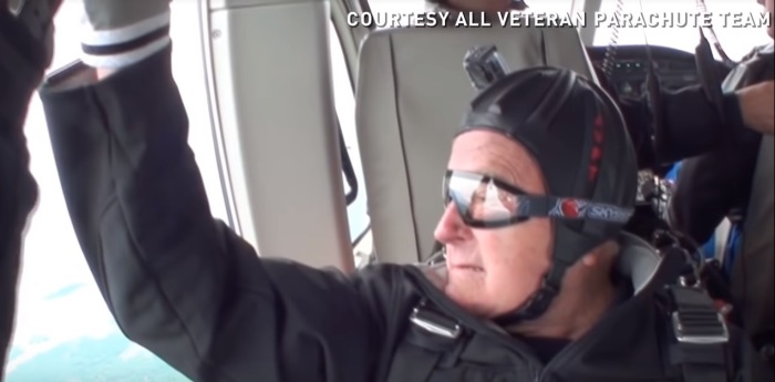 Former president George H.W. Bush about to skydive to celebrate his 90th birthday in 2014.
