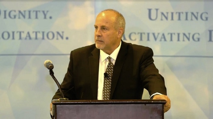 Former Los Angeles Dodgers general manager and former Baltimore Orioles assistant general manager Kevin Malone, president of the U.S. Institute Against Human Trafficking, speaks at the 2018 Coalition to End Sexual Exploitation Summit hosted by National Center on Sexual Exploitation in Washington, D.C. in April 2018.