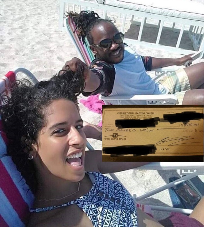 Victor S. Couzens, senior pastor Inspirational Baptist Church located in Cincinnati, Ohio, appears in this photo with former lover Andrea Garrison in summer 2018. The check (inset), from the church's pastoral maintenance account was allegedly written to one of several women he had an affair with according to Garrison.