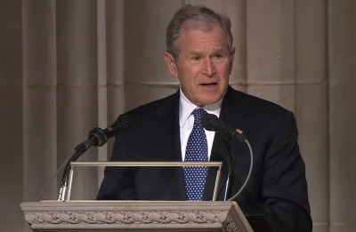 Former President George W. Bush gives remarks at the funeral of his father, former President George H.W. Bush, at Washington National Cathedral on Wednesday, December 5, 2018. 