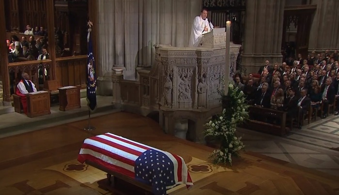 The Rev. Russell J. Levenson Jr., a close friend of the Bush family and the rector at St. Martin's Episcopal Church in Houston, speaking at the funeral of the former President George H.W. Bush at the Washington National Cathedral on Wednesday, December 5, 2018.