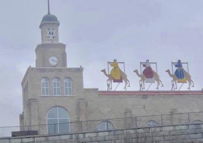 A display featuring the Three Wise Men sits atop of Velma Matson Upper Elementary School in Newaygo, Michigan, in November 2018.
