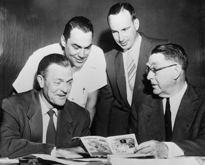 Four of the founding fathers of the Fellowship of Christian Athletes (from left) Dr. Louis R. Evans, Dr. Roe Johnston, Don McClanen and Branch Rickey, November 1954.