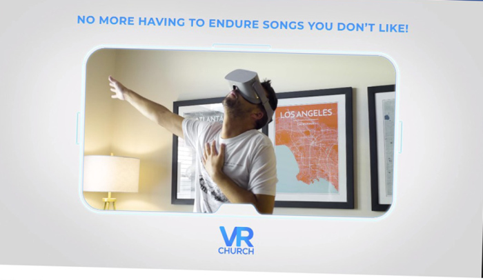 A satirical video uploaded to YouTube by Christian comedian John B. Crist offering a new virtual reality church experience.