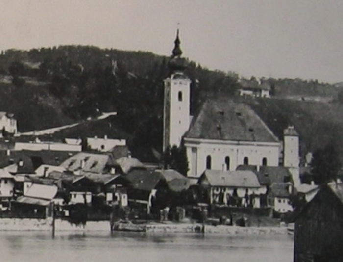 Historical photograph of the church of St. Nikolaus in Oberndorf bei Salzburg, also known as St. Nikola Church; the modern-day Silent Night Chapel was later built in its place. 