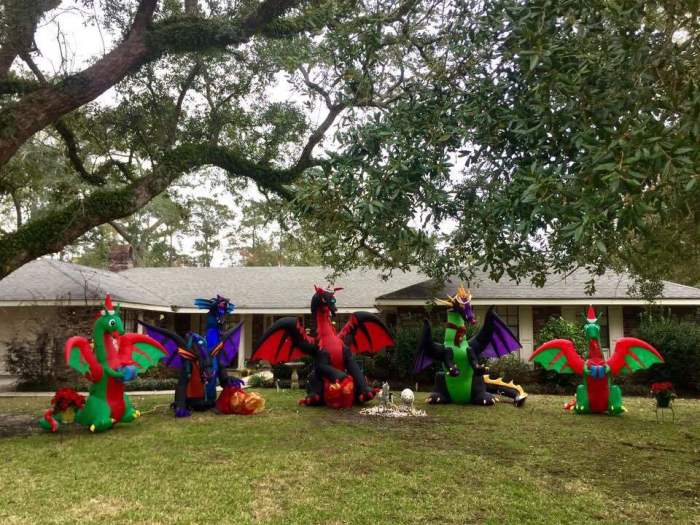 Christmas dragon decorations on the lawn of a Louisiana native's home, Dec 2018.