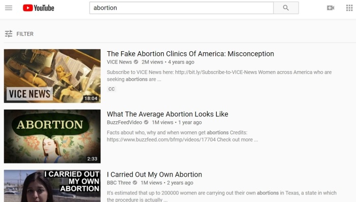 A search of the word 'abortion' on the popular video sharing site YouTube, conducted by The Christian Post on Wednesday, December 26, 2018. 
