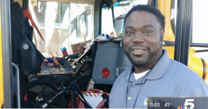 Curtis Jenkins, a Dallas Texas school bus driver surprises students with gifts for Christmas, December 2018.