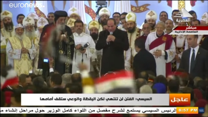 President Abdel Fattah el-Sisi (C) inaugurated Egypt's largest church on Sunday on the eve of Coptic Christmas, January 6, 2019.