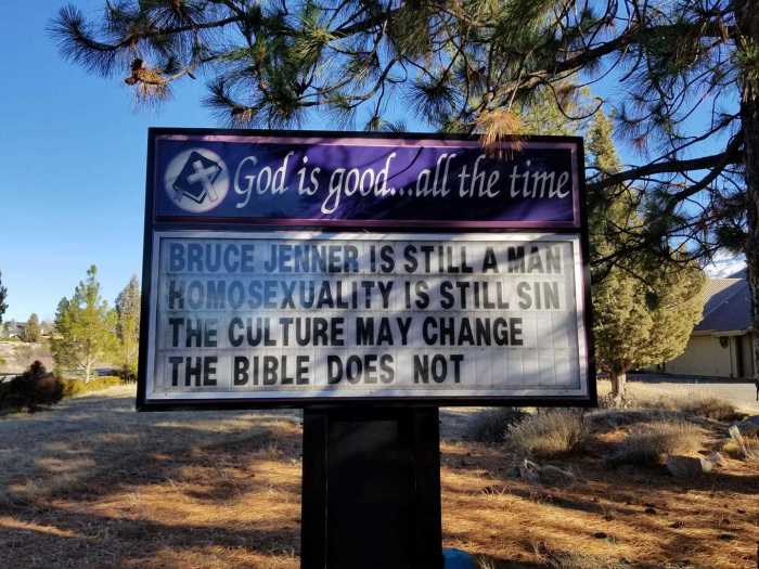 A sign calling homosexuality a sin sits on display outside of the Trinity Bible Presbyterian Church near Weed, California, on Dec. 31, 2018. 