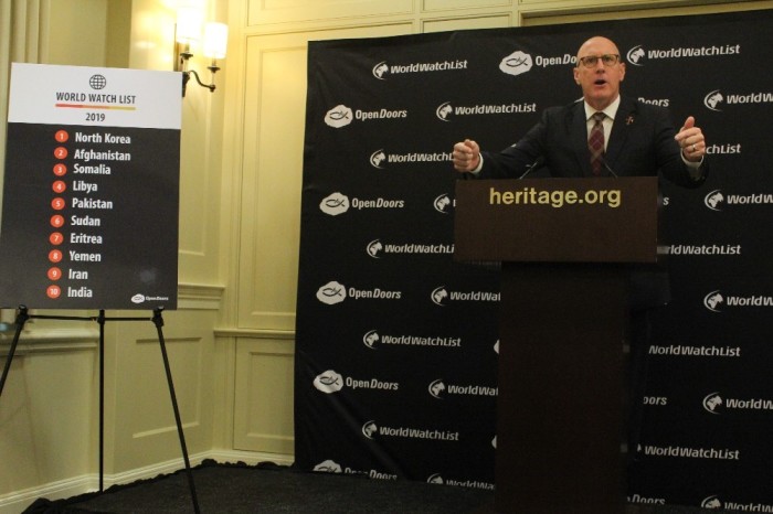 Open Doors USA CEO David Curry speaks during the unveiling of the 2019 World Watch List at the Heritage Foundation's Capitol Hill office in Washington, D.C. on Jan. 16, 2019.