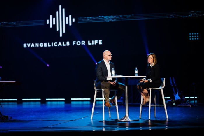 Alliance Defending Freedom attorney Kristen Waggoner (L) speaks with Andrew T. Walker, director of research at the Southern Baptist Convention's Ethics & Religious Liberty Commission, on stage during the 2019 Evangelicals for Life conference in Vienna, Virginia on Jan. 17, 2019. 