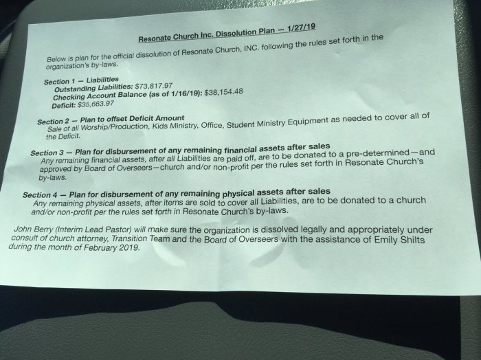 Resonate Church's dissolution notice shared with members on Sunday January 27, 2019.