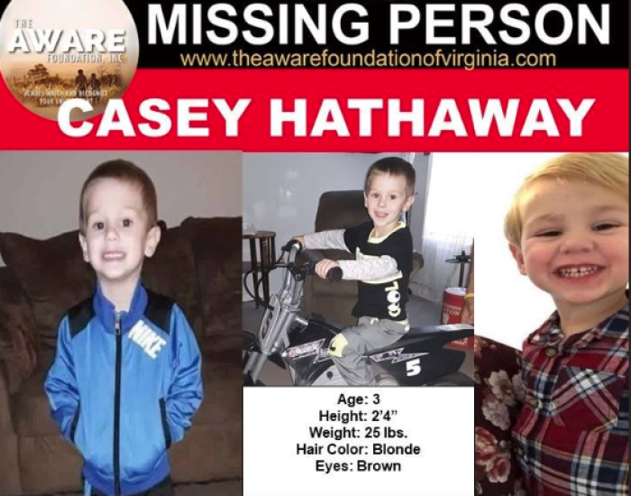 Casey Hathaway missing: 3-year-old boy disappears from grandma's backyard in Craven County and found 3 days later, flyer posted Jan 23, 2019. 