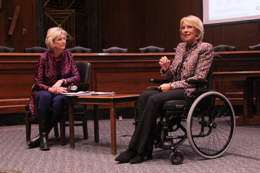 Education Secretary Betsy DeVos (R) speaks during the Council for Christian Colleges and Universities 2019 Presidents Conference hosted on Capitol Hill in Washington, D.C. on Jan. 30, 2019. To her right is CCCU President Shirley Hoogstra. 
