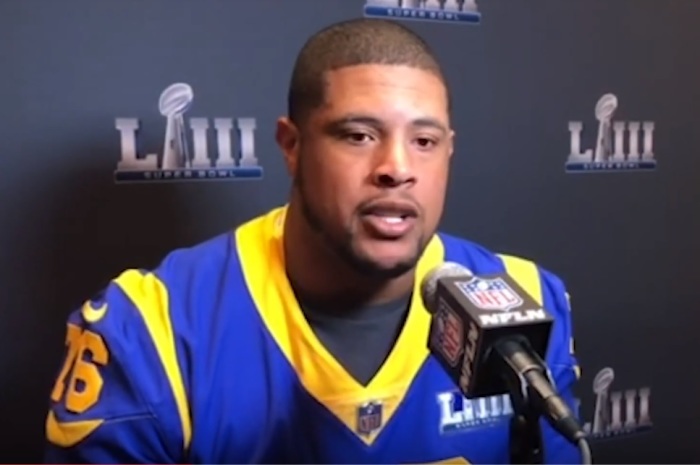 Los Angeles Rams offensive lineman Rodger Saffold at a press conference in January 2019. 