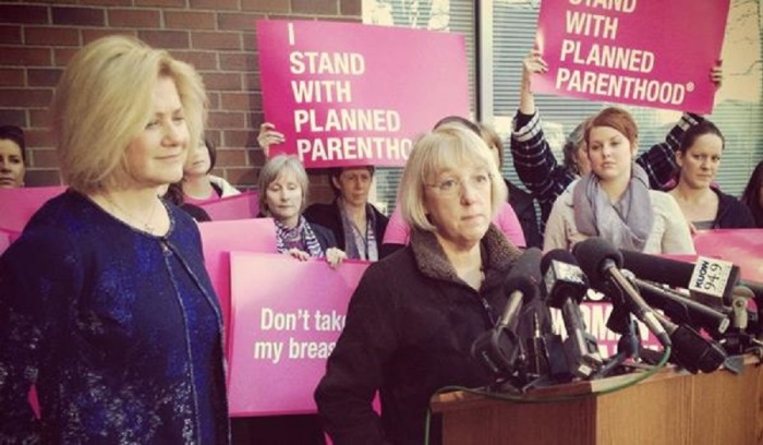 Democrat Sen. Patty Murray (at podium) of Washington objected to a bill on Monday February 4, 2019 to protect babies born alive.