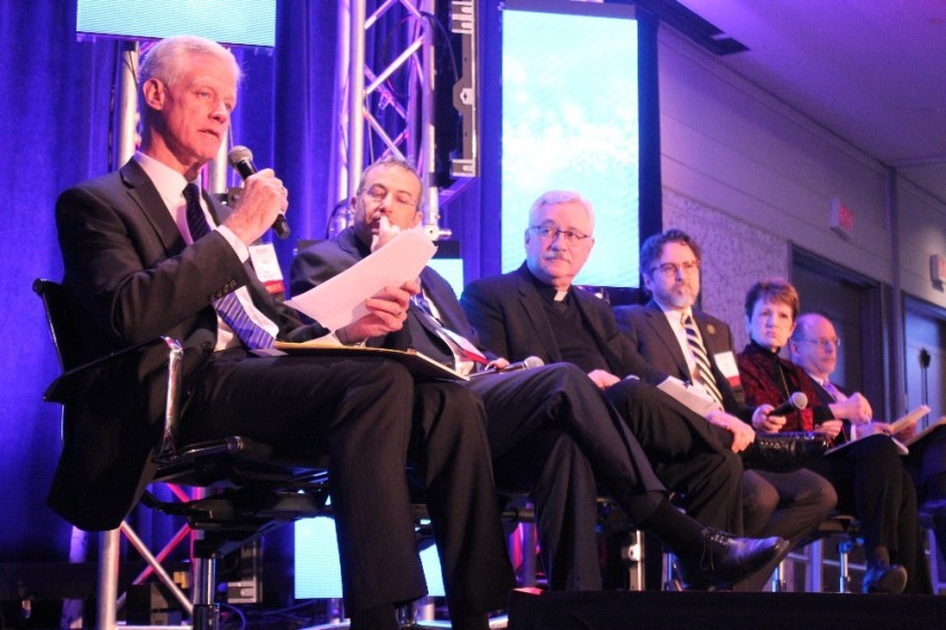 Brigham Young University President Kevin Worthen (L) speaks during a panel session with other religious college presidents at the Council for Christian Colleges and Universities Presidents Conference in Washington, D.C. on Feb. 1, 2019.
