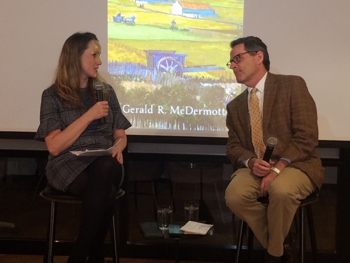 Shelley Neese of The Jerusalem Connection Report speaks with Anglican theologian and author Gerald McDermott at a gathering in Washington, D.C. on February 4, 2019. 