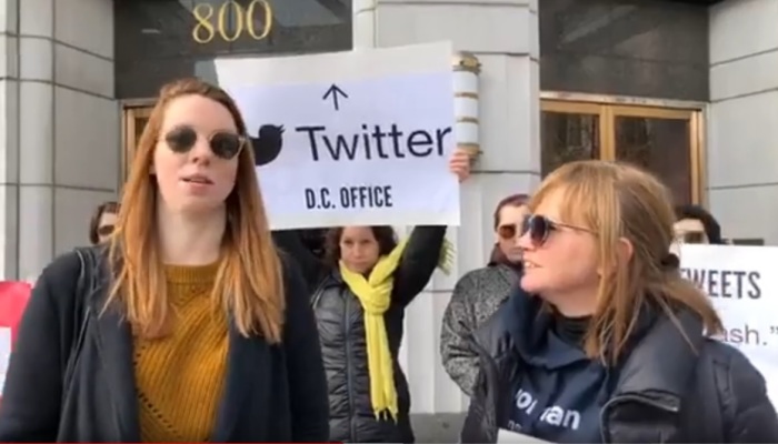 Meghan Murphy (left), founder of Feminist Current, protests outside Twitter's Washington, D.C. headquarters in January 2019.