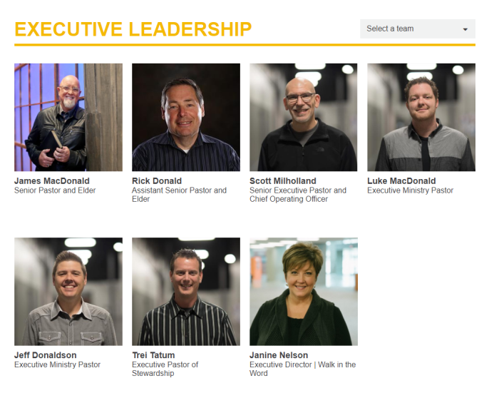 Days after announcing they had fired their Founding Pastor James MacDonald on February 13, 2019, the multi-campus Harvest Bible Chapel in greater Chicago, Il., said they will be purging the church's executive leadership in coming months. This image reflects the church's executive committee as they appeared on Harvest Bible Chapel's website in March 2018.