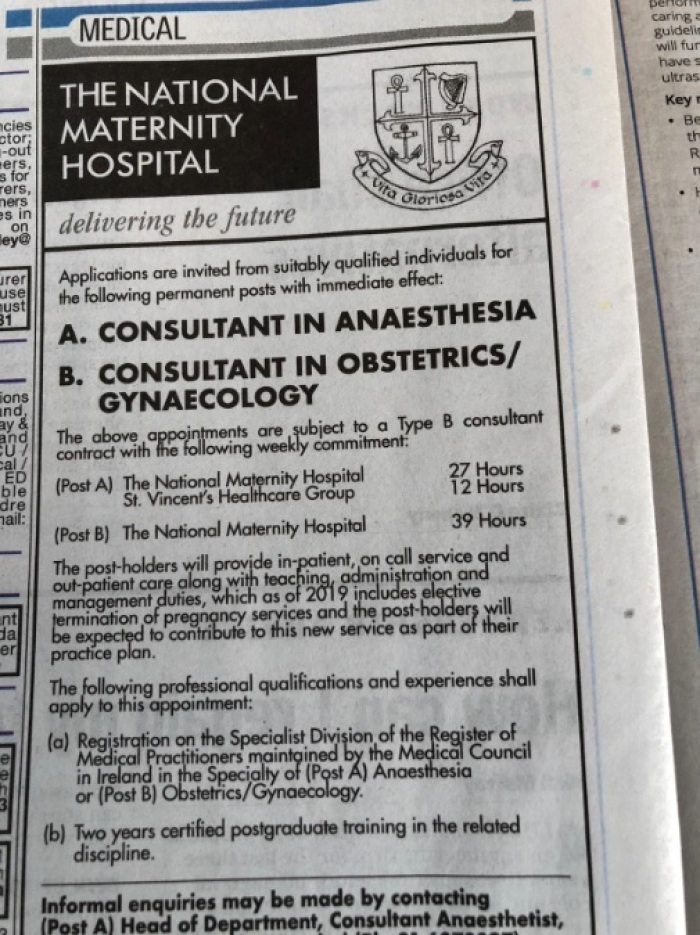 A job ad from The National Maternity Hospital of Dublin, Ireland, is shown here 