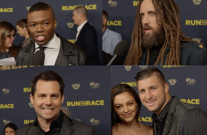Credit : Caleb Castille, Brian Head Welch, Kristoffer Polaha, Demi Nel-Petera, and Tim Tebow at the Run The Race res carpet premiere, Los Angeles, California, Feb 11, 2019.