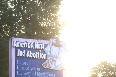A wooden billboard promotes a pro-life message on August 13, 2016 in Wilmore, Pennsylvania. 