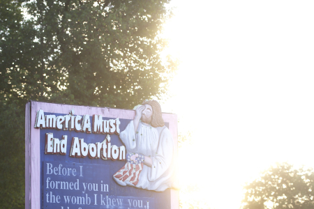 A wooden billboard promotes a pro-life message on August 13, 2016 in Wilmore, Pennsylvania.