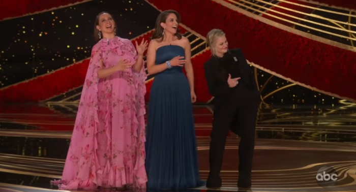 (Left to right) Maya Rudolf, Tina Fey and Amy Poehler introduce at the Academy Awards show, February 24, 2019. 