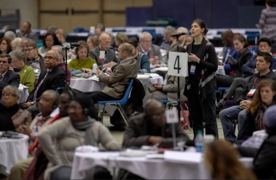 United Methodist Church General Conference Delegate Jill Wondel of Missouri speaks on Monday, Feb. 25 at the special session of General Conference held in St. Louis, Missouri.