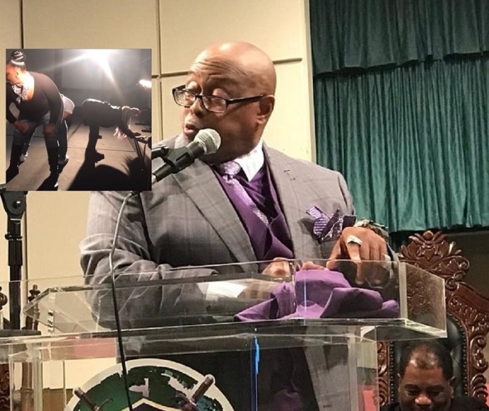 Thaddeus Matthews (pictured) is pastor of Naked Truth Liberation and Empowerment Ministries in Memphis, Tenn. In inset photo are women facing off in a twerking contest at his church in January 2019.