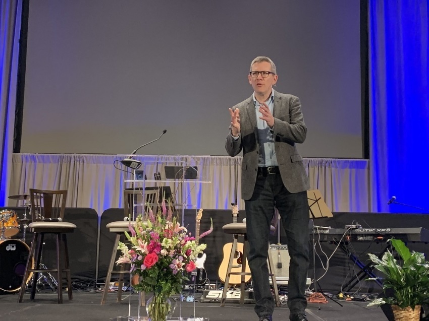 Author Andy Crouch addresses the plenary session at the Association of Biblical Higher Education conference in Orlando on Feb. 21, 2019.