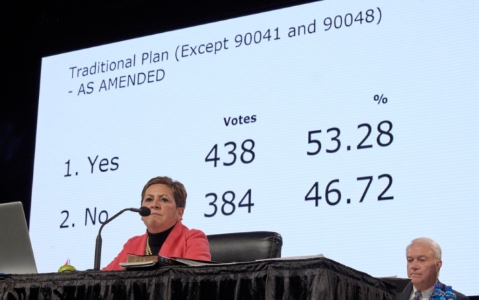 Bishop Cynthia Fierro Harvey observes the results from a Feb. 26 vote for the Traditional Plan, which affirms the church’s current bans on ordaining LGBTQ clergy and officiating at or hosting same-sex marriage. The vote came on the last day of the 2019 General Conference in St. Louis. 