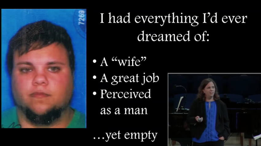 Laura Perry shows a photo of herself as "Jake."