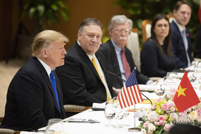President Donald J. Trump, joined by Nguyen Xuan Phuc, Prime Minister of the Socialist Republic of Vietnam, addresses his remarks during an expanded working lunch at the Office of Government Hall Wednesday, Feb. 27, 2019, in Hanoi. 