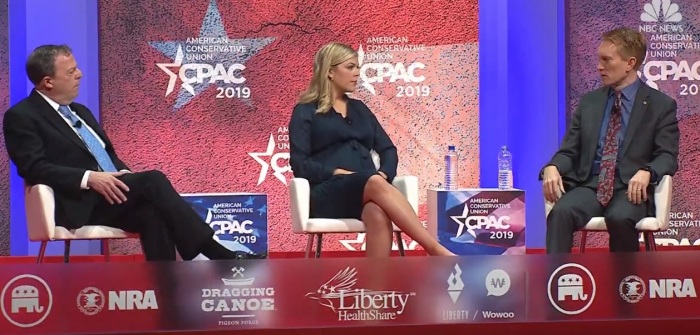A panel on the topic of religious liberty and its relation to freedom at the Conservative Political Action Conference on Thursday, February 28, 2019. From left to right: Matthew Spalding, associate vice president and dean of Educational Programs for Hillsdale College; Allie Beth Stuckey, host of the Christian podcast “Relatable'; United States Senator James Lankford of Oklahoma. 