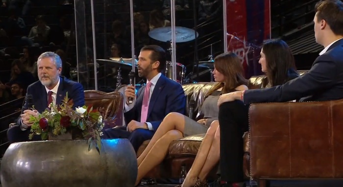 A Conservative Political Action Conference panel held at Liberty University on Friday, March 1, 2019. From left to right: Liberty University President Jerry Falwell Jr., Donald Trump Jr., conservative television personality Kimberly Guilfoyle, Mrs. Becki Falwell, and Turning Point USA founder Charlie Kirk.