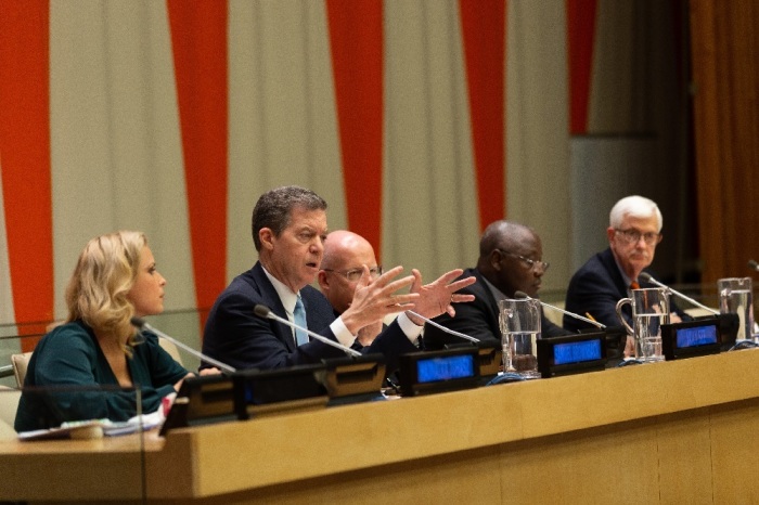 U.S. Ambassador at-Large for International Religious Freedom Sam Brownback speaks during an event hosted by the United Nations NGO Committee on Freedom of Religion or Belief and the Permanent Observer Mission of the Holy See to the United Nations in New York, New York March 1, 2019. 