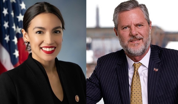 Liberty University President Jerry Falwell Jr. (R) and Democratic socialist congresswoman from New York, Alexandria Ocasio-Cortez (L).