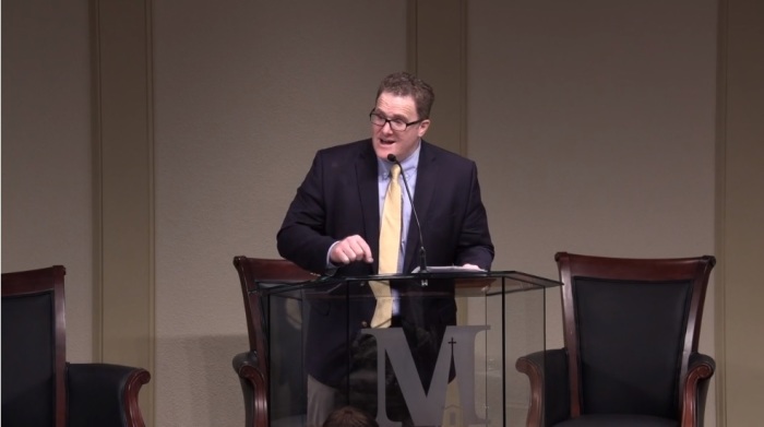 Denny Burk, professor at Boyce College and president of the Council on Biblical Manhood and Womanhood, giving remarks at Midwestern Baptist Theological Seminary in Kansas City, Missouri, on Thursday, March 7, 2019.