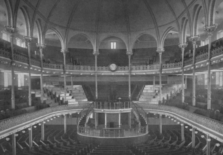 An 1864 photo of The Metropolitan Tabernacle of London, England. Famous preacher Charles H. Spurgeon headed the church for many years.