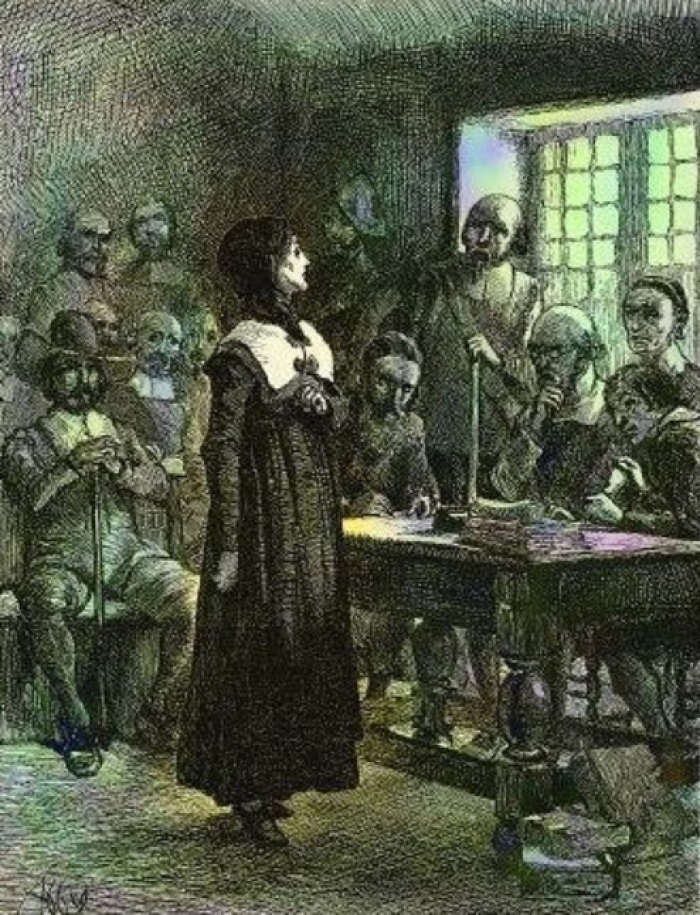Puritan leader Anne Hutchinson, shown on trial for heresy in this early 20th century picture. Hutchinson was eventually banished from Massachusetts colony for her beliefs. 