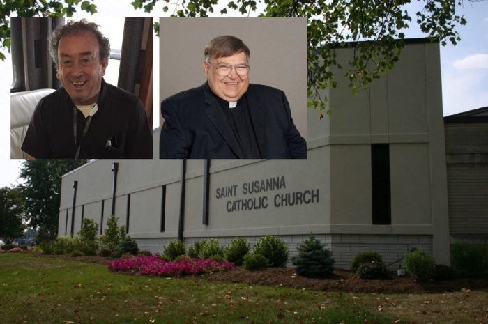 Frs. Glenn O'Connor ( L-inset) and Kevin Morris (R-inset) who served at Saint Susanna Parish church in Plainfield, Indiana, both died tragically just days apart.