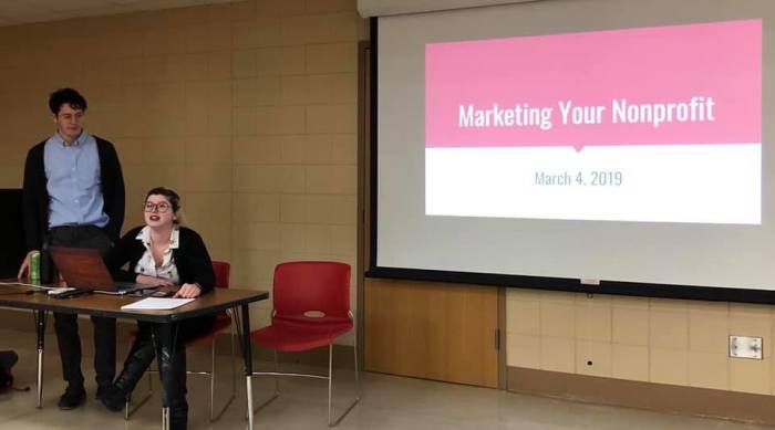 Rachel and Joshua, two of three children of Paul Marzahn, senior pastor of the multi-campus Crossroads Church in Minnesota, make a presentation on 'Marketing Your Nonprofit' on March 4, 2019.