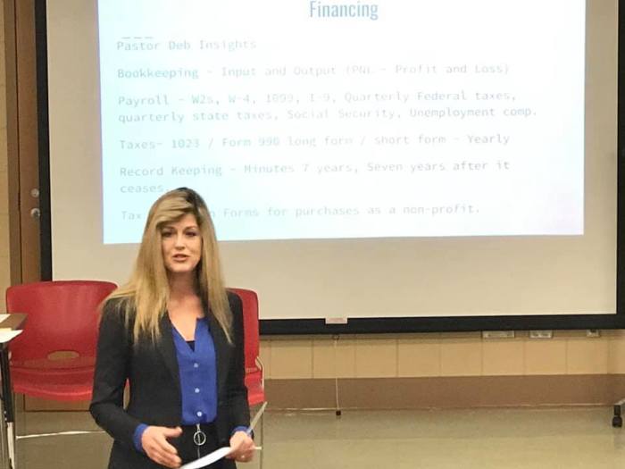 Deb Marzahn, wife of Paul Marzahn, senior pastor of the multi-campus Crossroads Church in Minnesota teaches a class on financing for non-profits.
