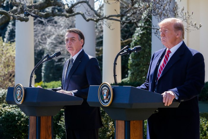 U.S. President Donald Trump and Brazil President Jair Boslonaro participate in a joint press conference after their meeting at the White House in Washington, D.C. on March 19, 2019. 