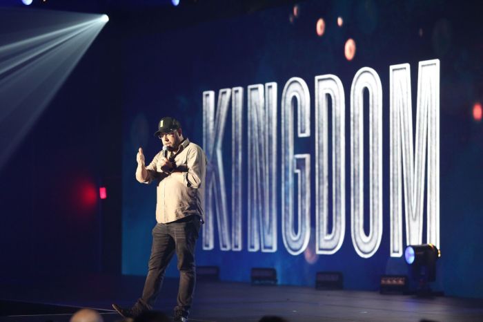 Andy Erwin speaks at the launch of Kingdom Studios at the National Religious Broadcasters Convention in Anaheim, California on March 27, 2019.