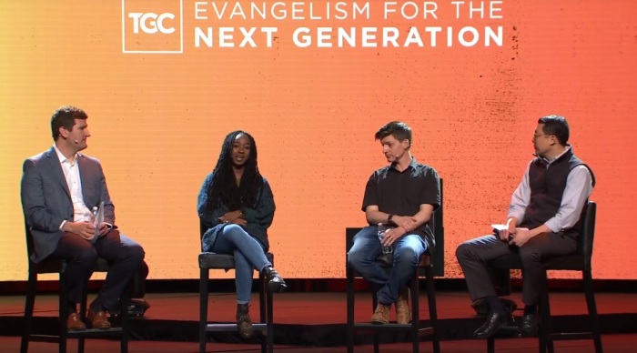 A pre-conference panel is hosted by The Gospel Coalition on reaching the younger generations, held on Monday, April 1, 2019, in Indianapolis, Indiana. From left to right: Cameron Cole, director of children, youth, and family at the Cathedral Church of the Advent in Birmingham, Alabama; Jackie Hill Perry, speaker, author, poet, and artist; Glen Scrivener, Australian evangelist and director of the ministry Speak Life; and Stephen Um, senior minister of Citylife Presbyterian Church in Boston, Massachusetts, and the president of the Center for Gospel Culture. 